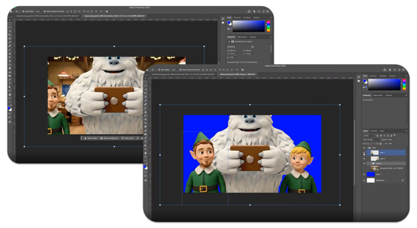 Using Adobe software to add in the background to characters in front of a blue screen