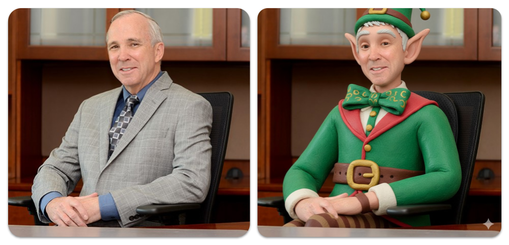 Dr. Nye on the left, AI generated elf on the right