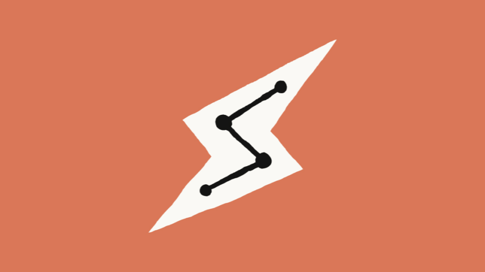 A white hand-drawn lightning bolt shape is centered on a solid orange-brown background. Inside the white shape, a black connected line network with four circular nodes forms a zig-zag pattern.