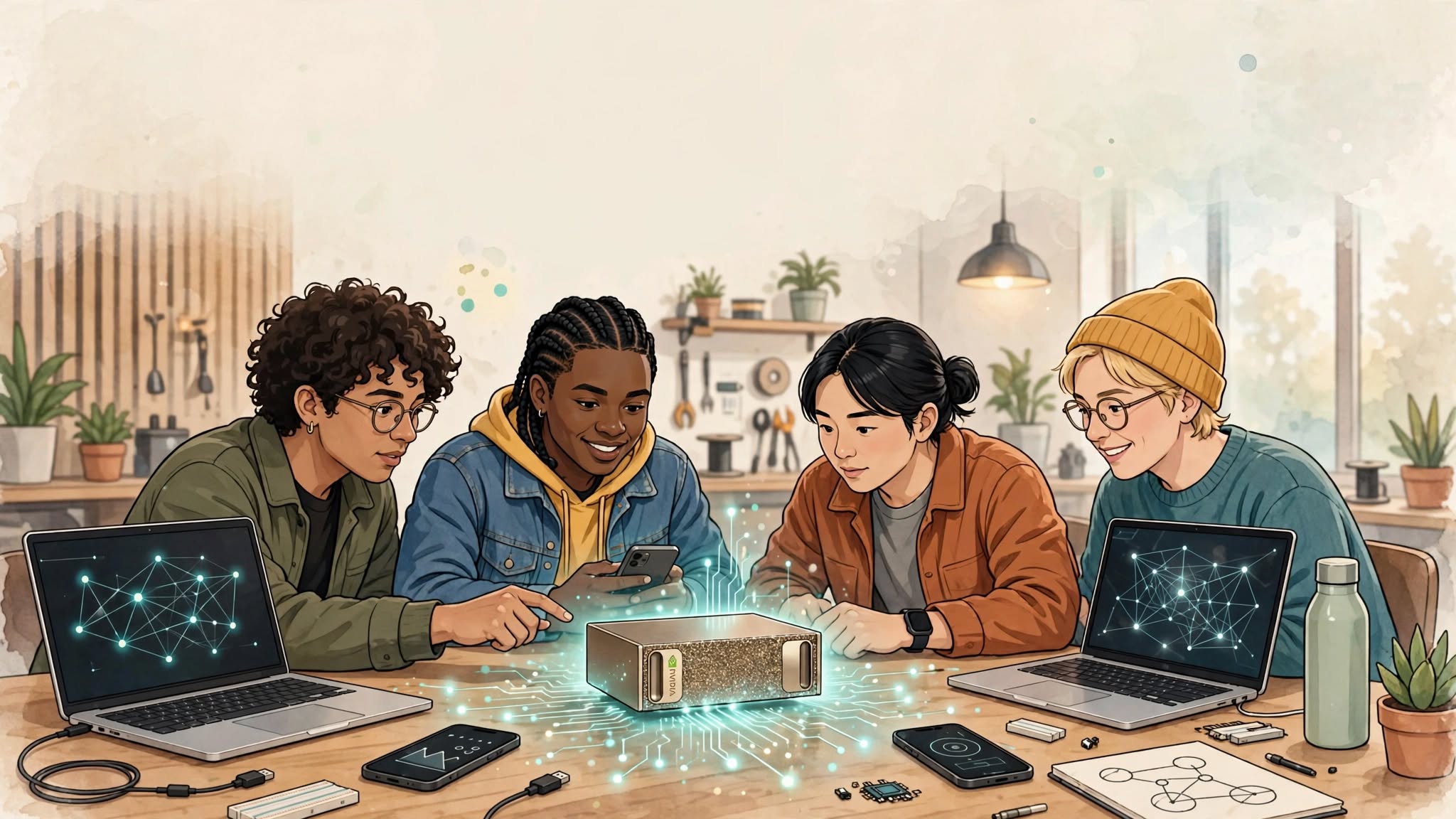 An illustrated scene shows four diverse young adults gathered around a wooden table in a workshop environment, collaborating over laptops and a central glowing device with abstract light trails connecting their electronics. The background features shelves with plants and tools under warm overhead lighting, and the artistic style uses a soft, watercolor-like digital illustration.