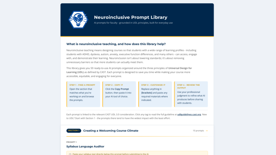 A digital document header and instructional guide featuring the title NEUROINCLUSIVE PROMPT LIBRARY with a logo of a lightbulb inside a hexagon. The text explains neuroinclusive teaching and universal design principles, accompanied by four instructional steps for finding, copying, customizing, and reviewing AI prompts. Below the steps, a section header displays SECTION 1 CREATING A WELCOMING COURSE CLIMATE with the first prompt titled SYLLABUS LANGUAGE AUDITOR.