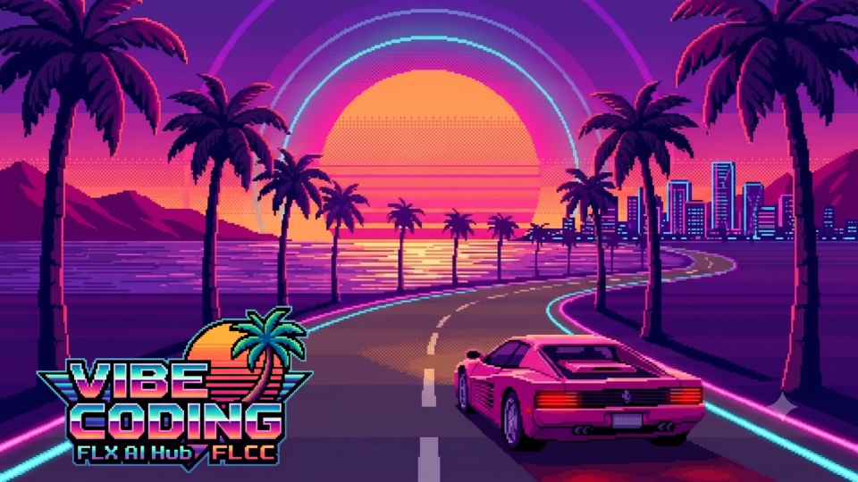 A retro pixel art style illustration shows a pink sports car driving along a coastal highway lined with palm trees during a vibrant sunset with a large orange sun and purple sky. In the background, a distant city skyline rises along the coastline under glowing neon arcs. Text in the bottom left corner reads VIBE CODING FLX HUB FLCC.